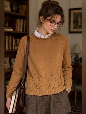 Vintage Londonderry Place Camel Brown Ramie Cotton Cable Knit Sweater Sz Medium